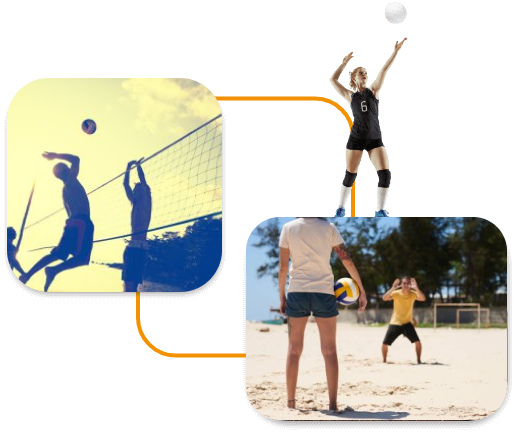 Quadra de vôlei de areia, e quadra de vôlei de cimento. Pessoa realizando um saque com bola de vôlei.